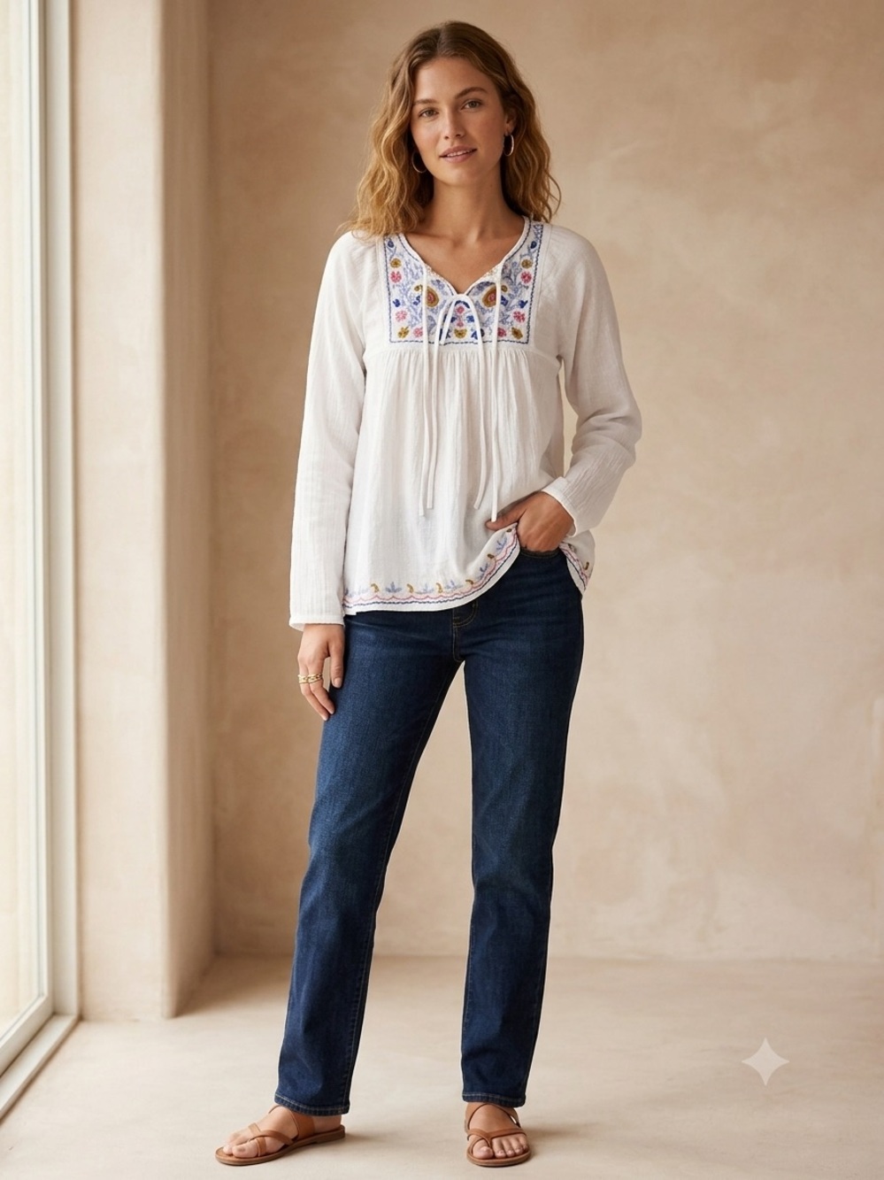 White Embroidered Peasant Blouse with Floral Yoke